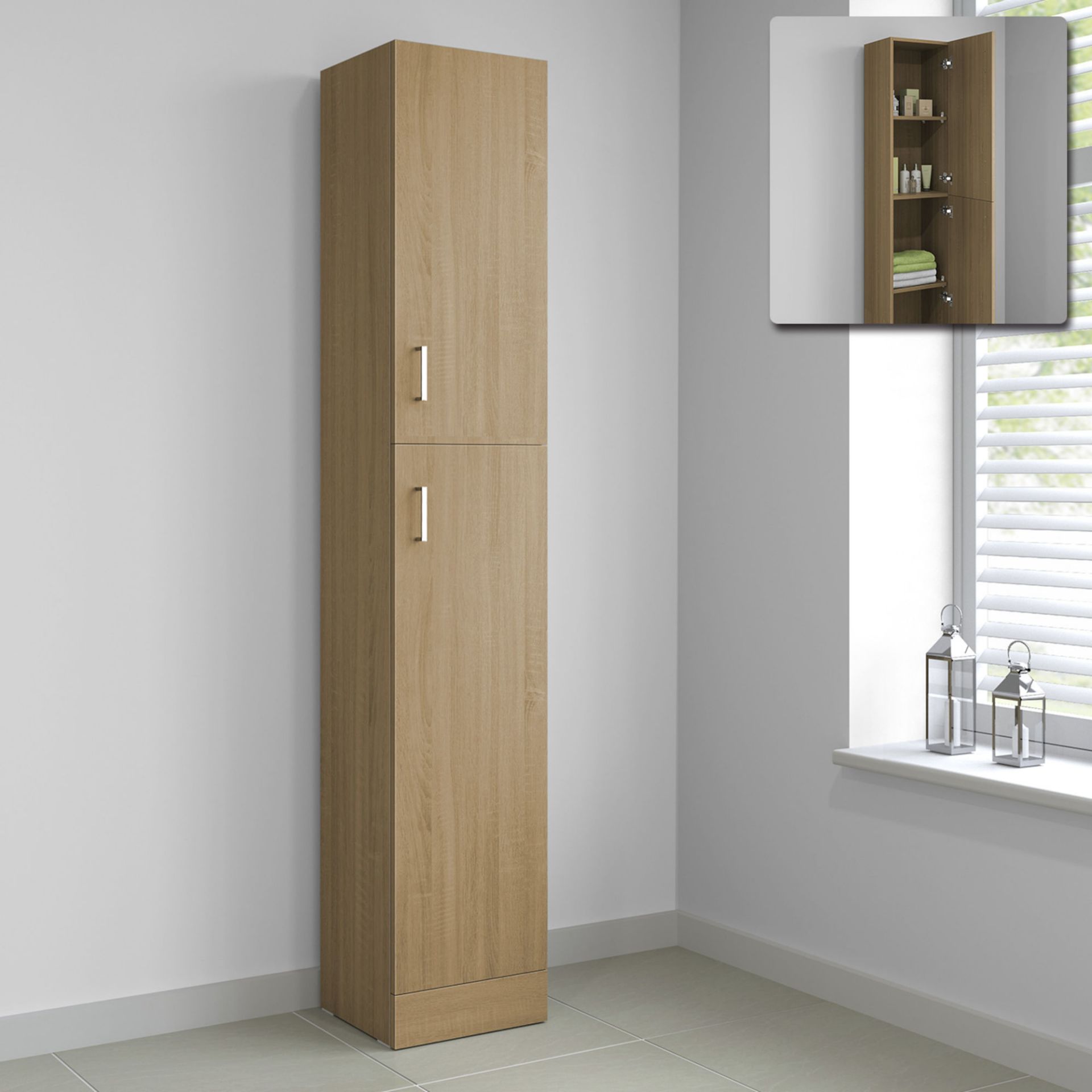 (KL33) 1900x300mm Quartz Oak Effect Tall Storage Cabinet - Floor Standing. Oak effect finish