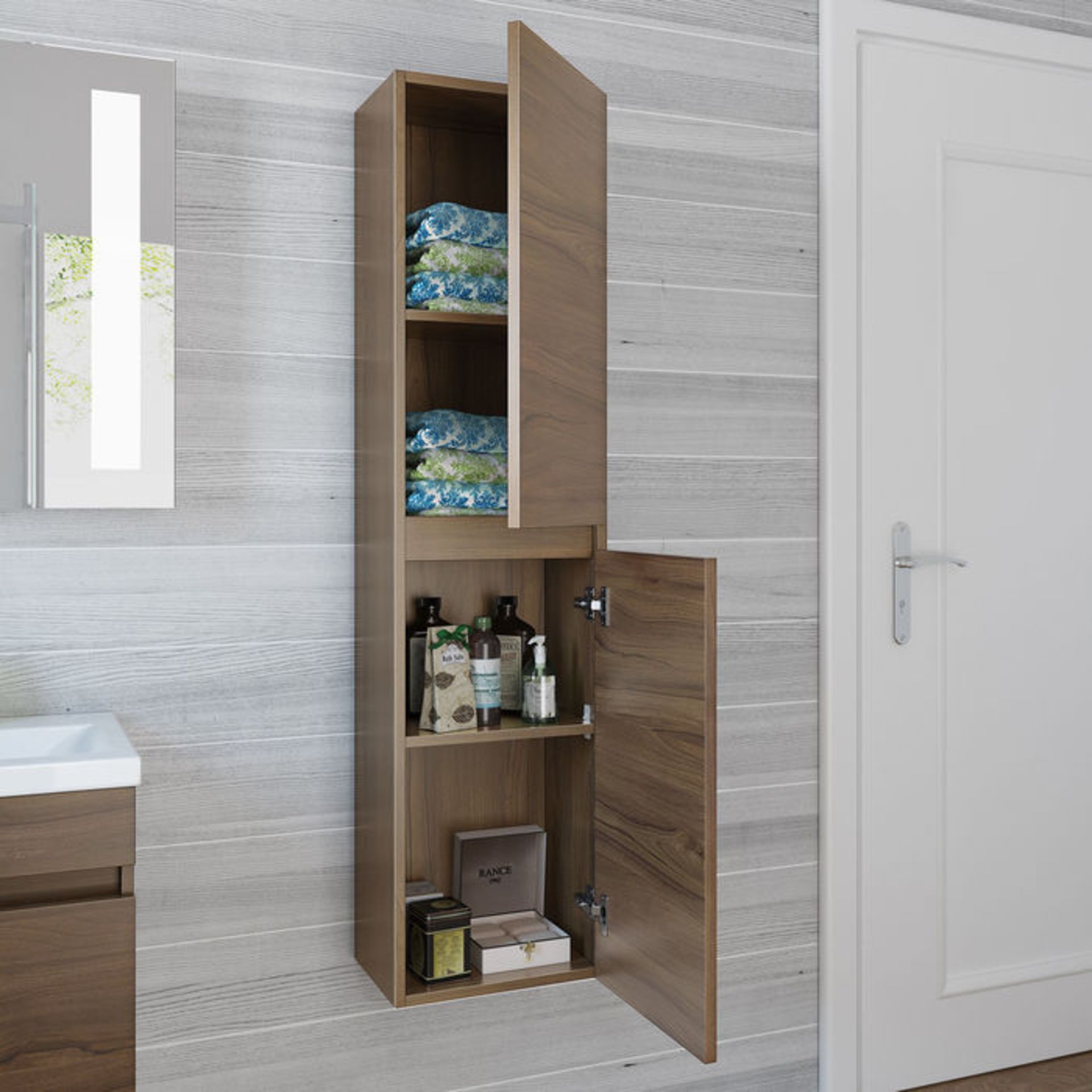 (KL18) Walnut Effect Wall Hung Tall Storage Cabinet. Great practical storage solution with - Image 3 of 3