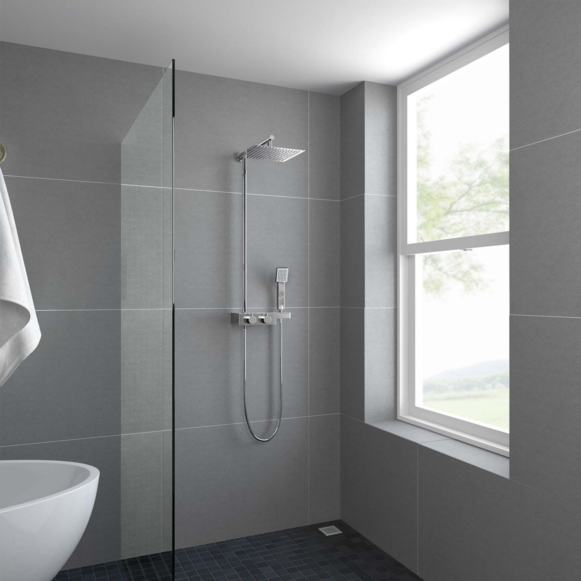 (YC31) Square Exposed Thermostatic Shower Shelf, Kit & Large Head. Style meets function with our