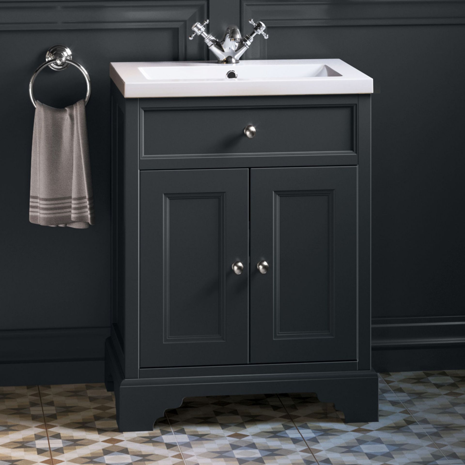 (YC4) 600mm Loxley Charcoal Vanity Unit - Floor Standing. Comes complete with basin. Stunning