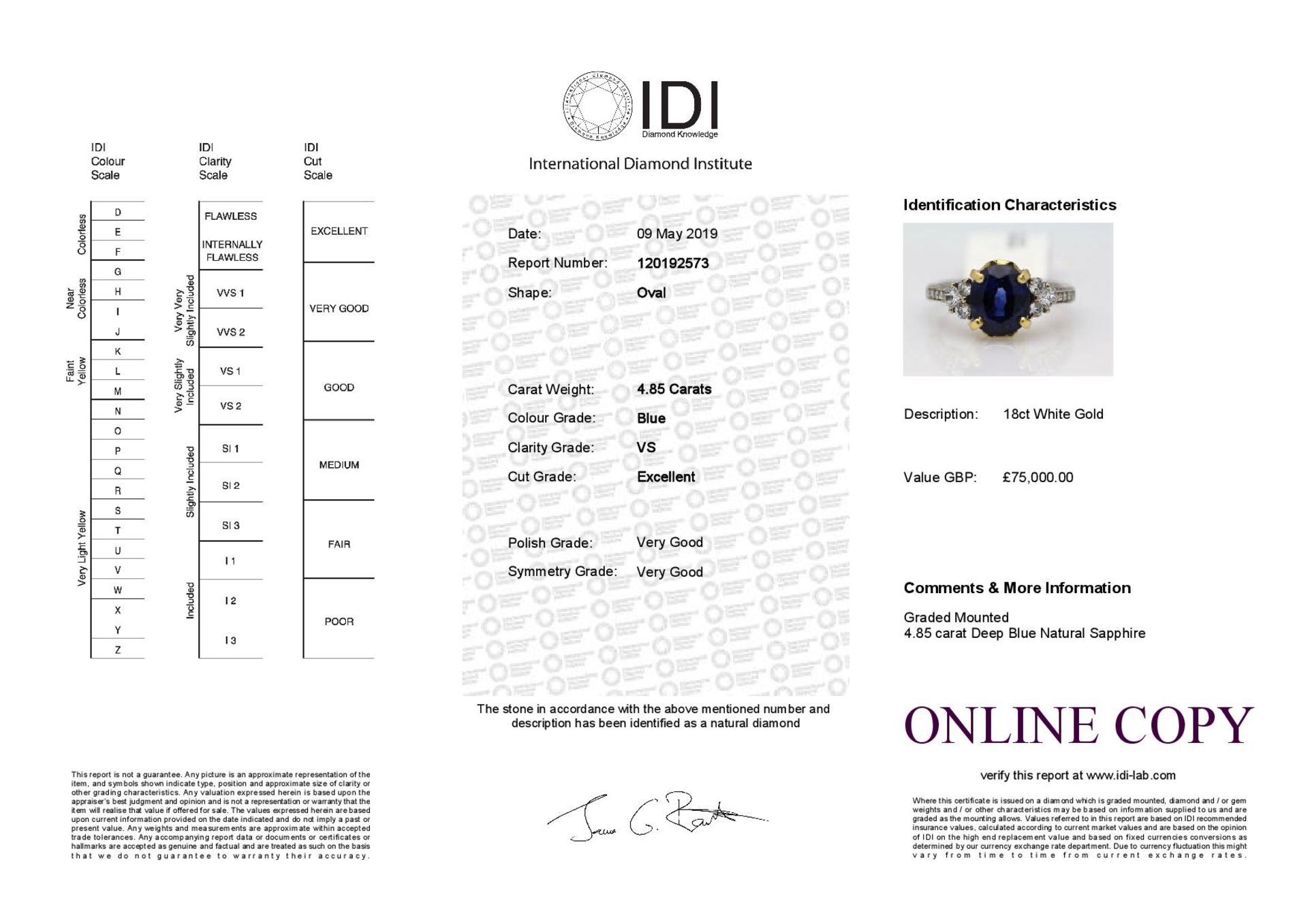 18k White Gold Three Stone Claw Set Diamond And Sapphire Ring 4.85 - Image 3 of 3