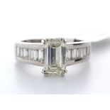 18k White Gold Single Stone Claw Set Emerald Cut With Stone Set Shoulders Diamond Ring (2.05) 2.90