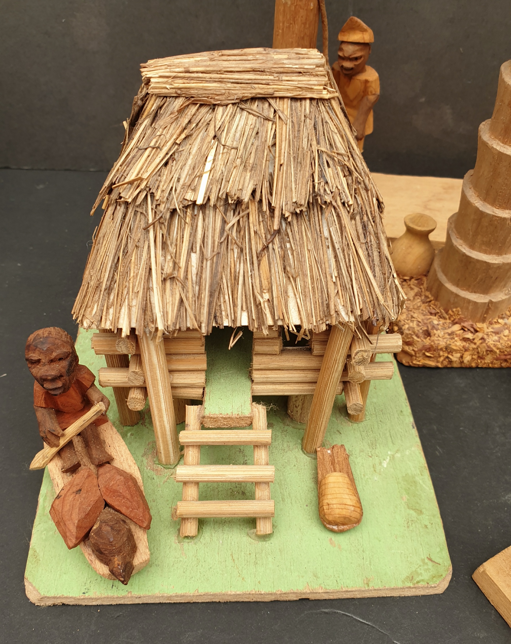 Vintage Retro Kitsch 6 x Hand Carved Wood East African Figures and Village Scene. The tallest - Image 2 of 4