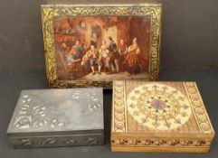 Antique Vintage 3 x Assorted Boxes Includes Biscuit Tin Pewter Box and Pokerwork Box. The largest
