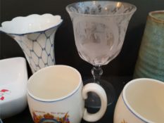 Antique Vintage Parcel of Etched Glass Commemorative Ware & China. The etched drinking glass has a