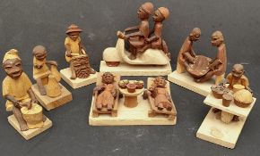 Vintage Retro Kitsch 7 x Hand Carved Wooden East African Figures. The tallest measures 4.5 inches