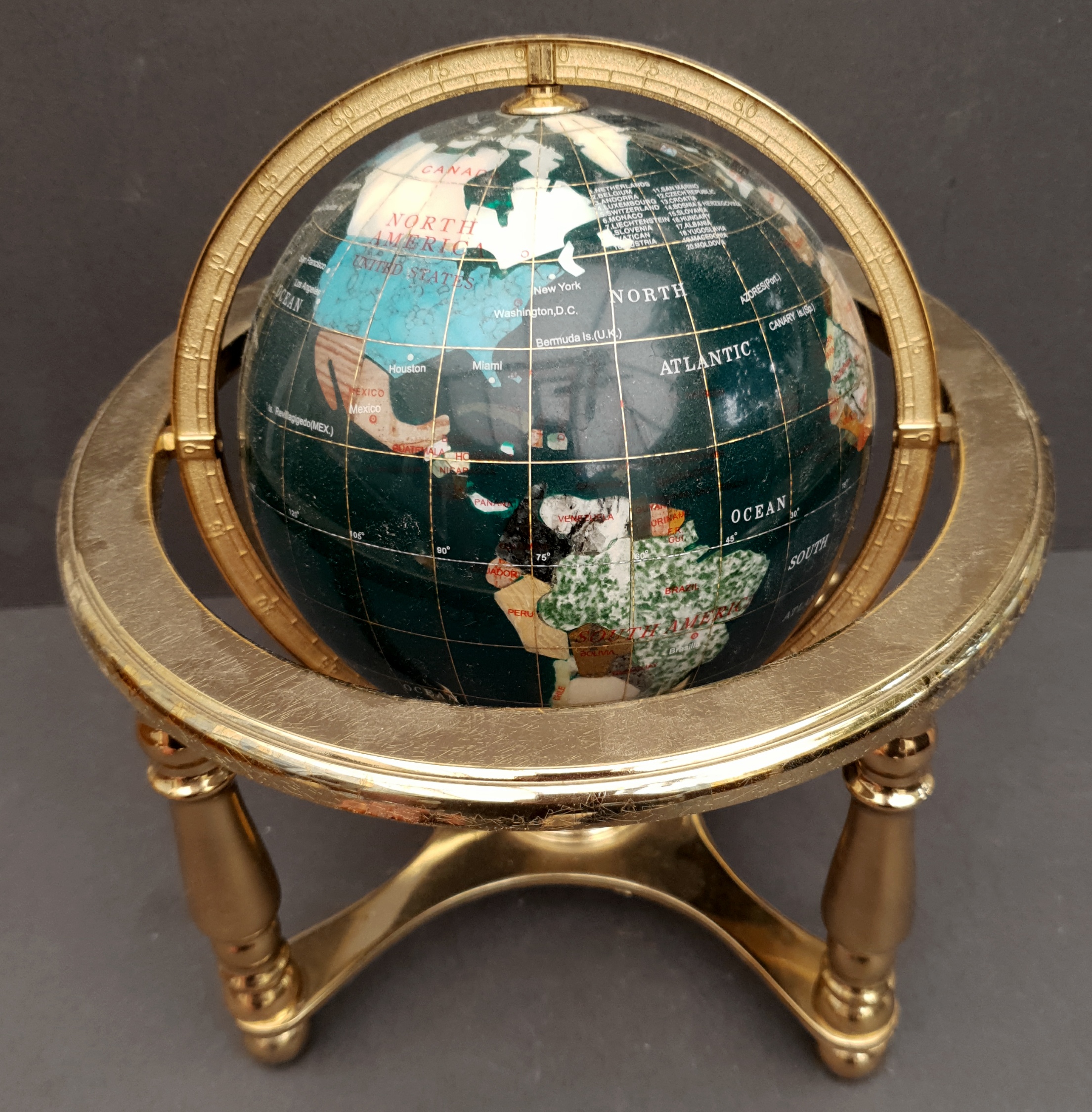 Vintage Brass and Agate Decorative Globe on a Green Ground. Measures 9 inches diameter. Part of a - Image 2 of 2