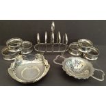 Antique Parcel of Sterling Silver Items Includes Toast 6 x Rack Napkin Rings Tea Strainer and