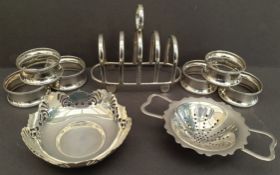 Antique Parcel of Sterling Silver Items Includes Toast 6 x Rack Napkin Rings Tea Strainer and