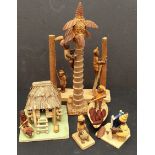 Vintage Retro Kitsch 6 x Hand Carved Wood East African Figures and Village Scene. The tallest
