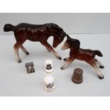 Vintage Collectable 2 x Horse Figures and 4 x Thimbles Largest Horse Stand 3.5 inches Tall by 6