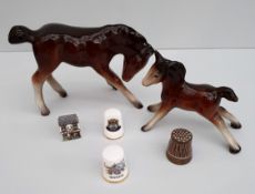 Vintage Collectable 2 x Horse Figures and 4 x Thimbles Largest Horse Stand 3.5 inches Tall by 6
