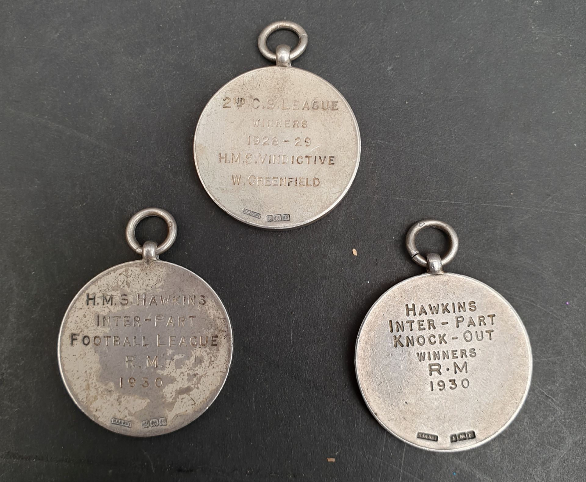 Antique 3 x Sterling Silver Navy Military Football Medals 1929 and 1930. HMS Hawkins Inter Part - Image 2 of 5