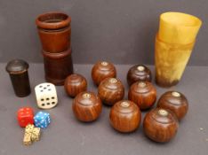 Antique V Vintage Parcel of Treen Includes Indoor Carpet Bowls Horn Cups and Dice. Part of a