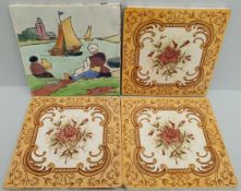 Antique Collectable Tiles One Dutch Scene Hand Painted Three English Tiles. The tiles measure 6