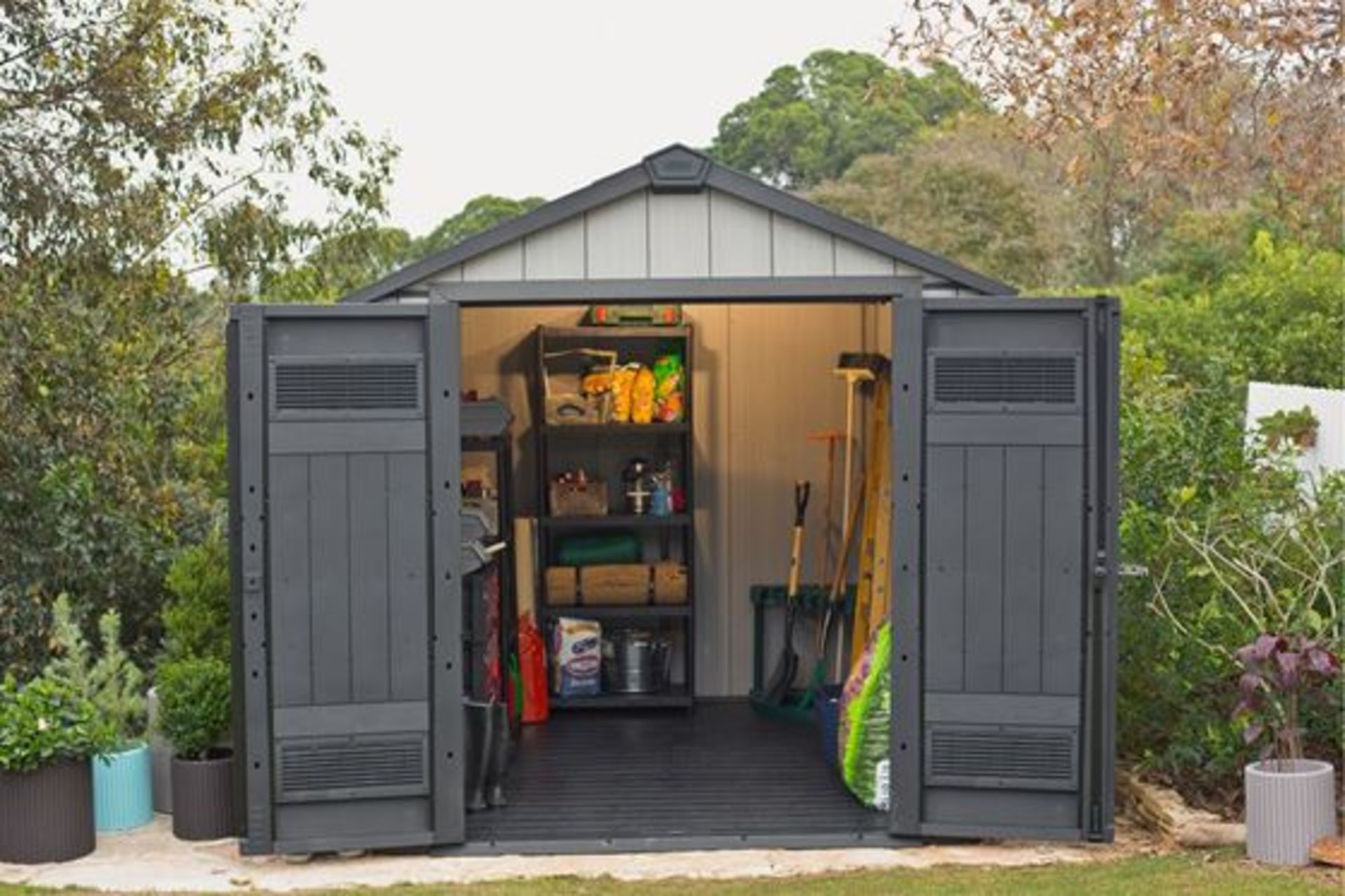 The Oakland 757 outdoor storage shed is supremely durable yet stylish. It has a weather-resistant