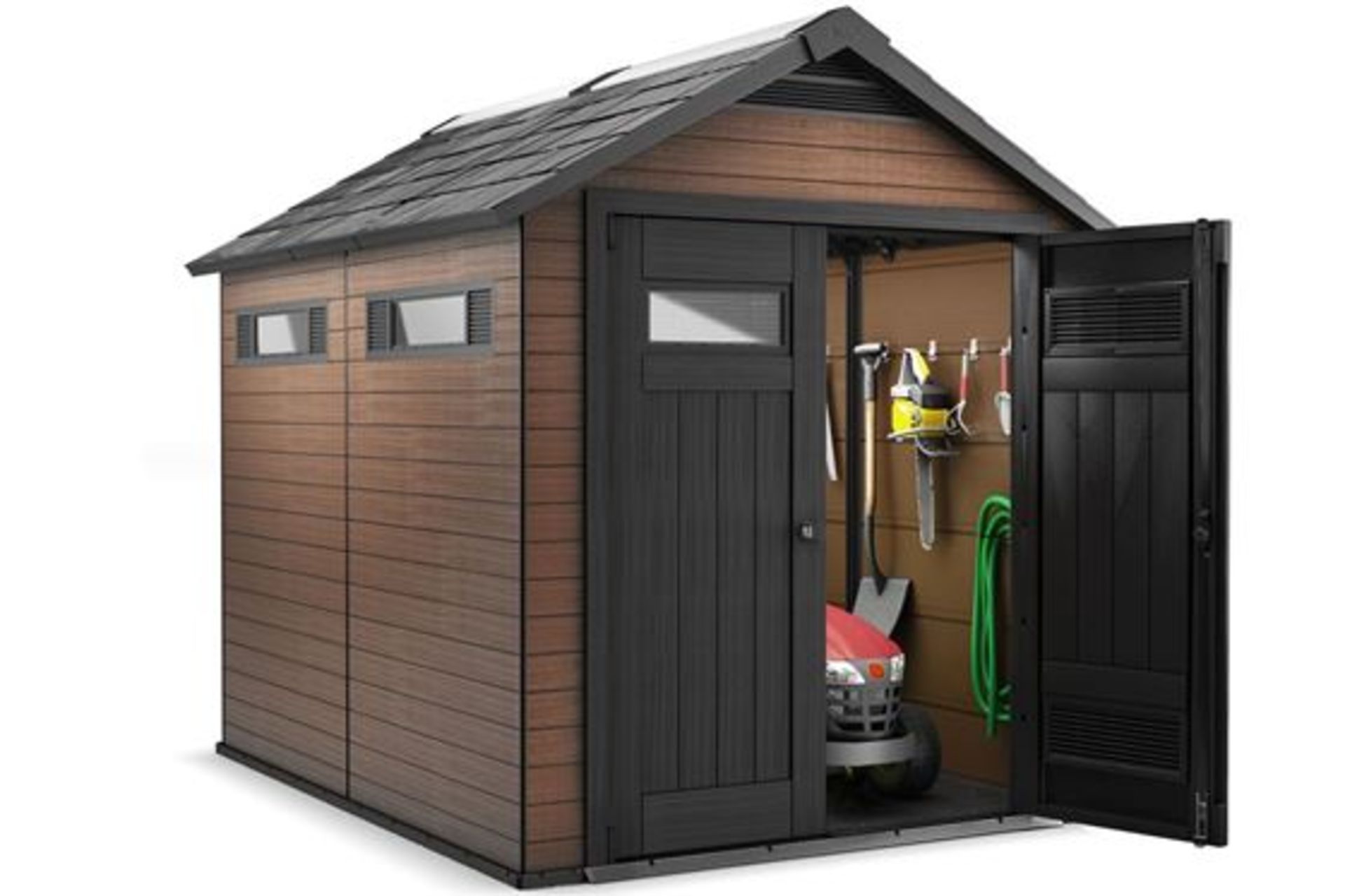 As New and Boxed The Fusion 759 shed is made out of a unique wood-plastic composite and has a sturdy