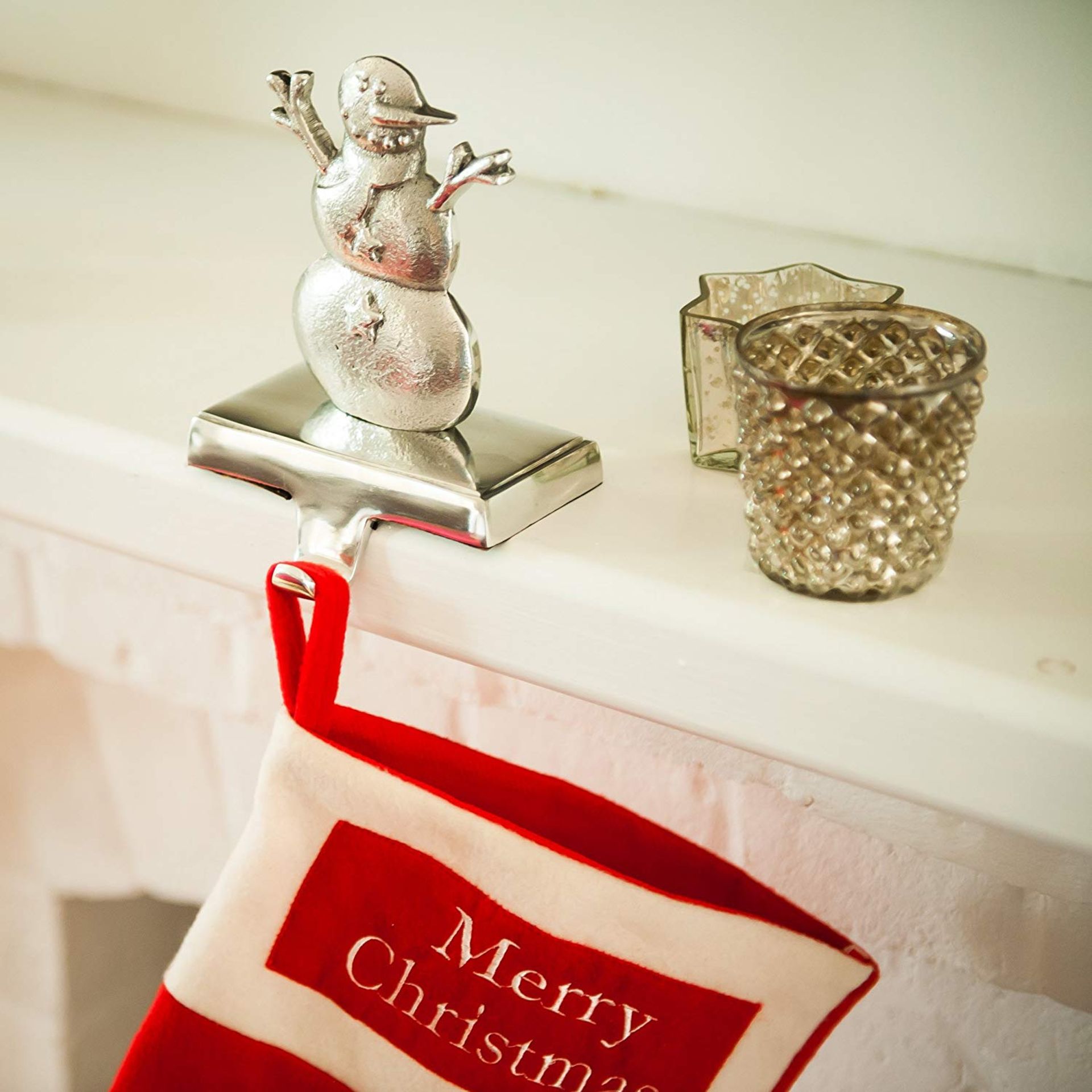 Set of 2, Silver Christmas Stocking Hanger. Snowmen