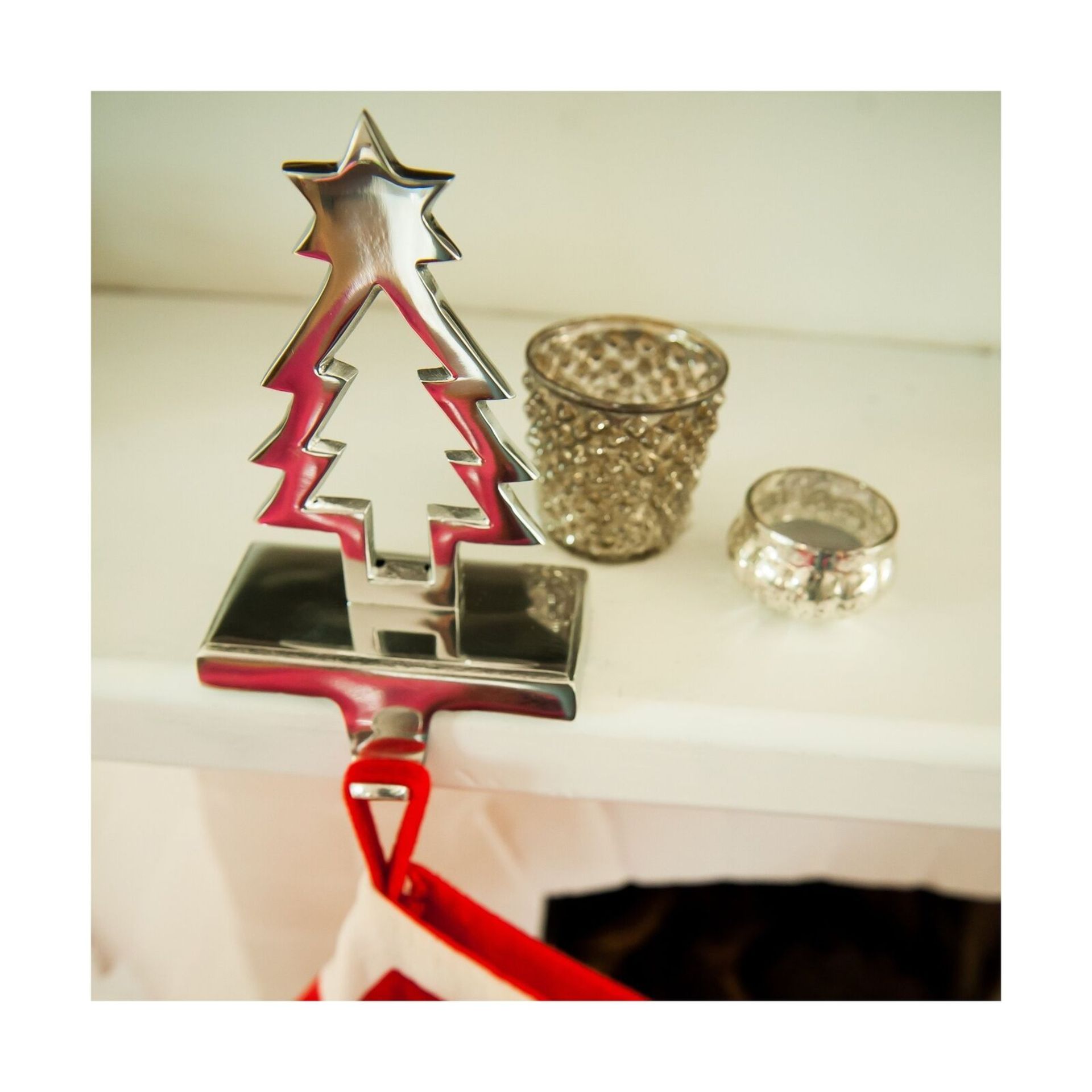 Set of 2, Silver Christmas Stocking Hanger. Hanger with star.