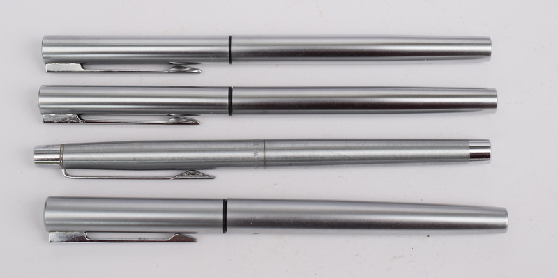 Collection Of Four Steel Cased Fountain Pens