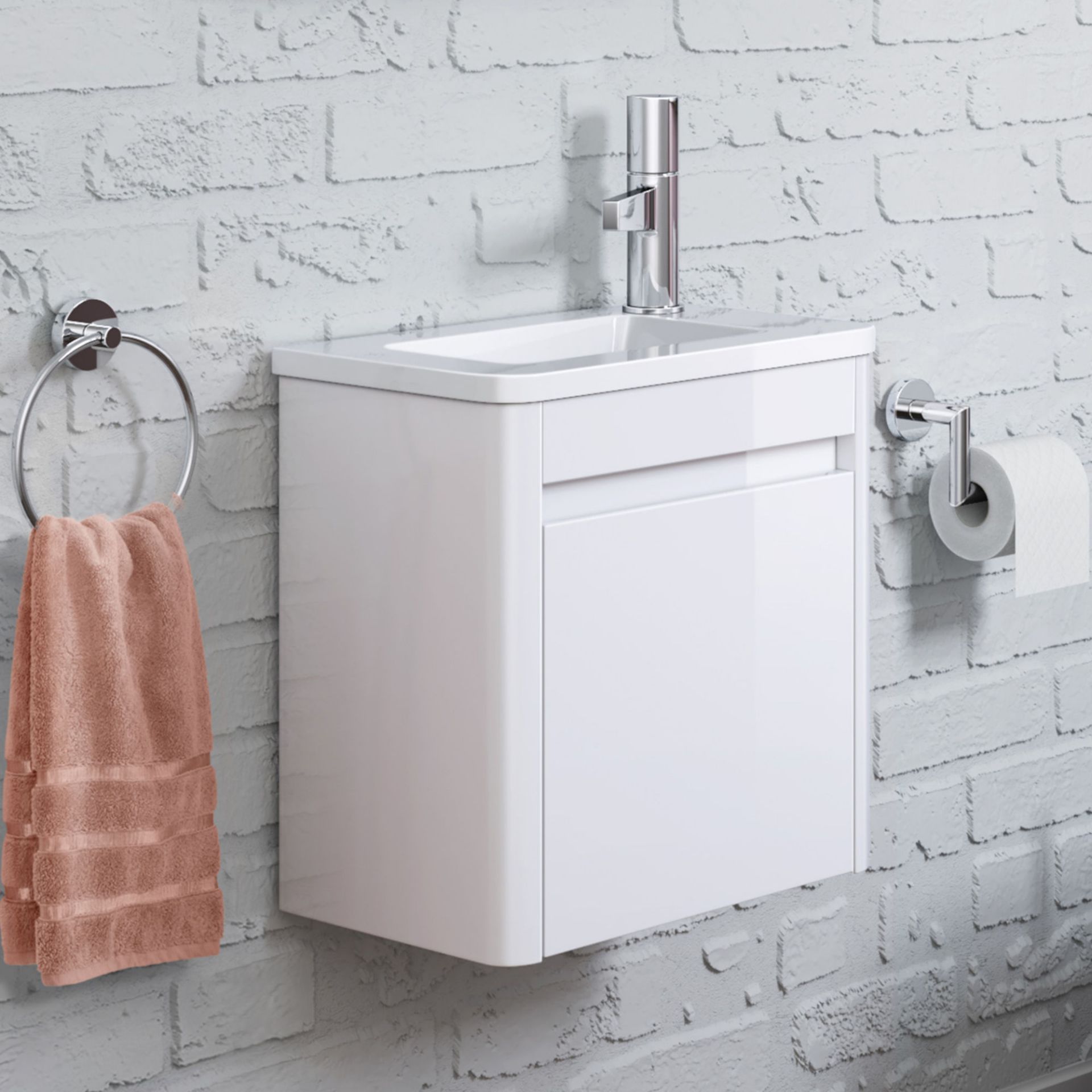 (OS43) 400mm Denver White Right Hand Cloakroom Vanity Unit - Wall Hung. RRP £399.99. Comes