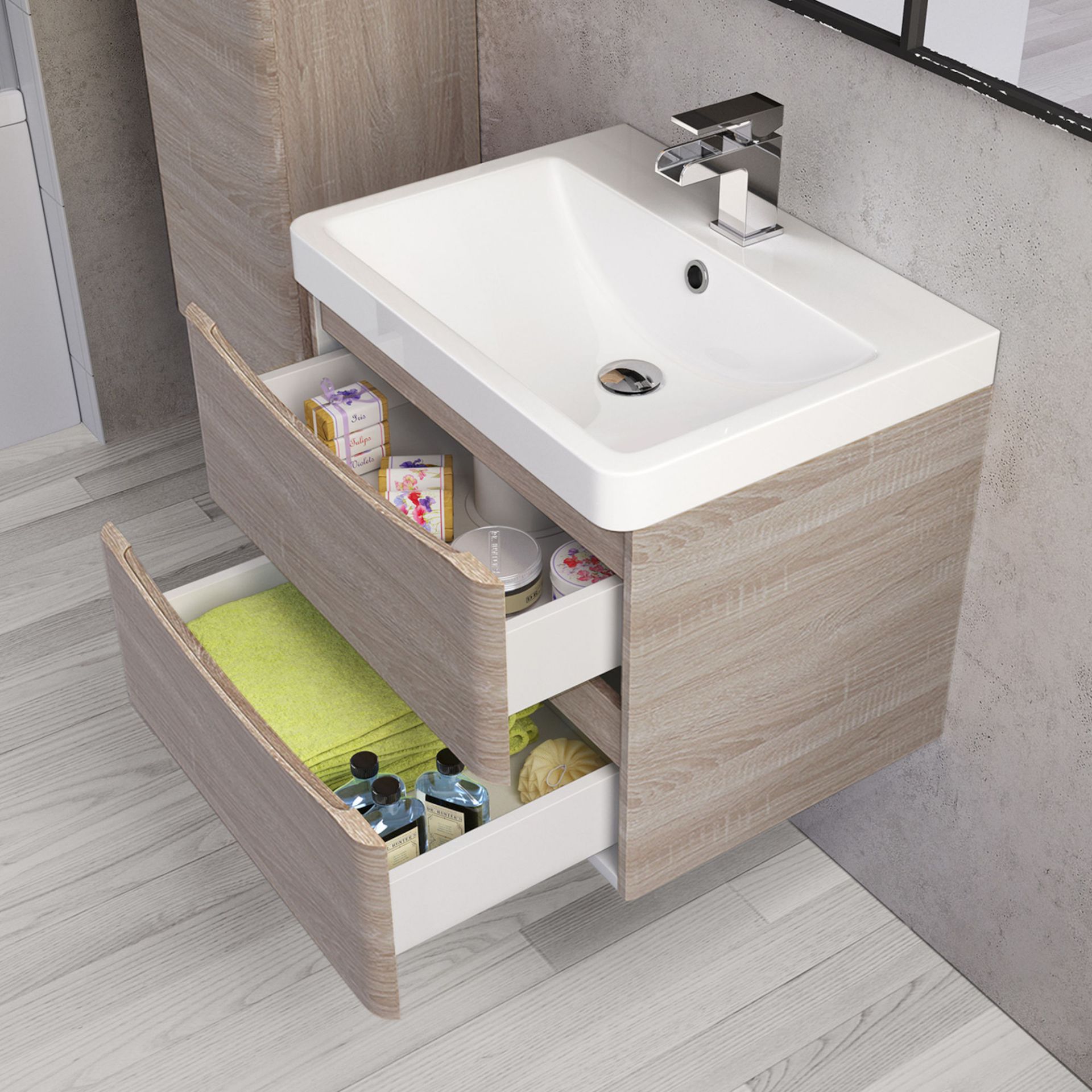 (OS68) 600mm Austin II Light Oak Effect Built In Basin Drawer Unit - Wall Hung. RRP £499.99. Comes - Image 2 of 3