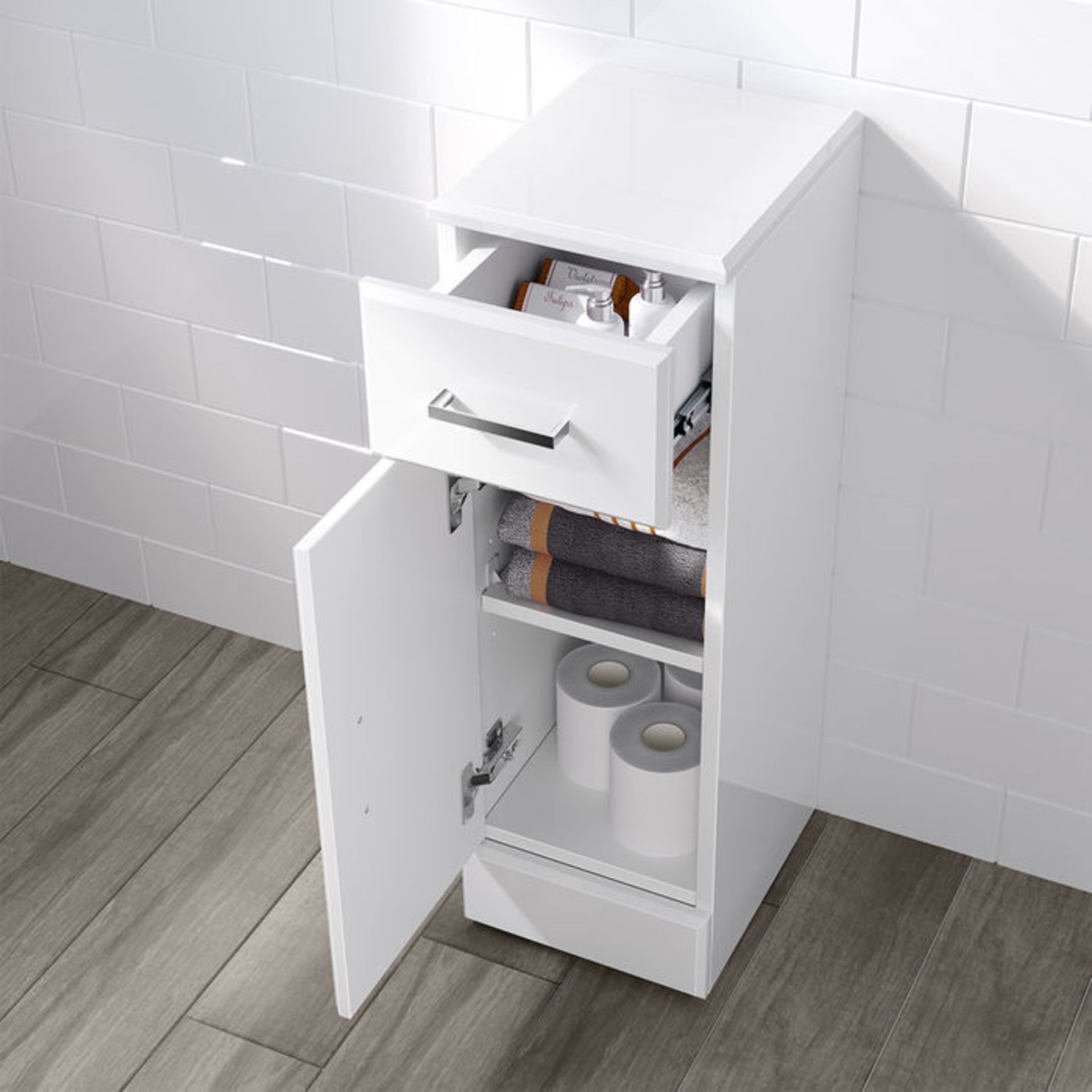 (OS66) 250x300mm Quartz Gloss White Small Side Cabinet Unit. RRP £189.99. Pristine gloss white - Image 2 of 4