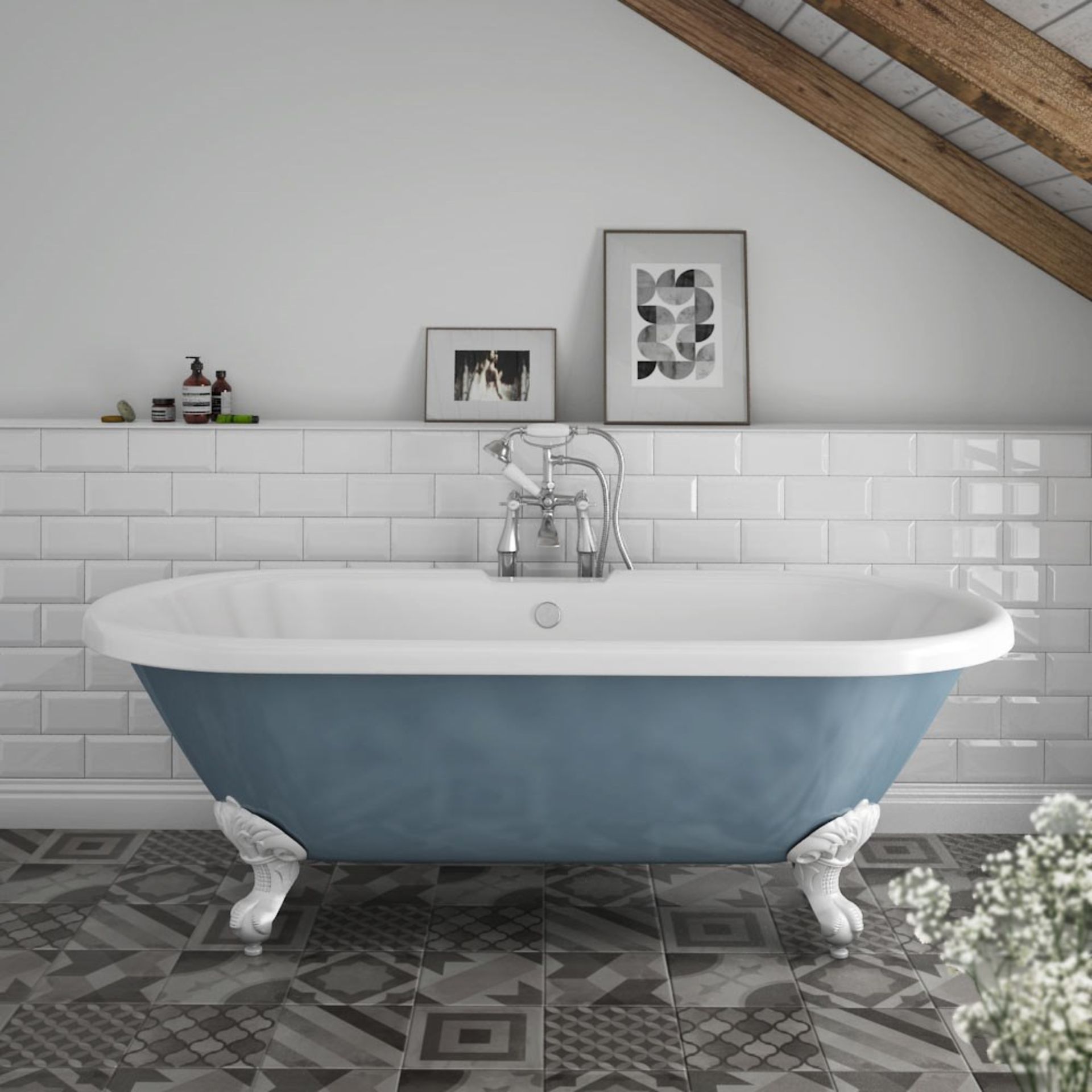 (OS8) 1750mm Dark Blue Double Ended Roll Top Bath with White Ball Feet. A stunning 1750mm long