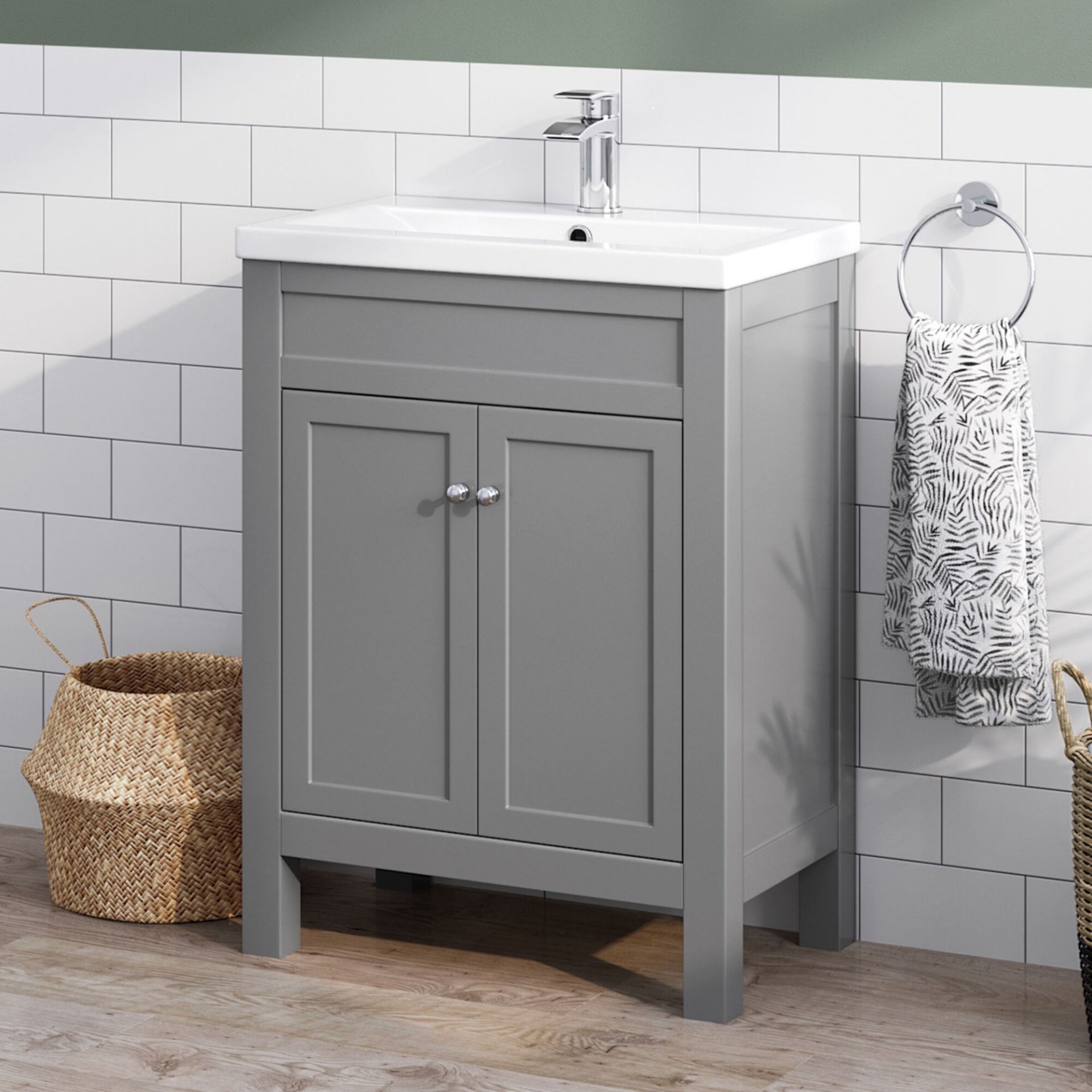 (OS276) 600mm Melbourne Earl Grey Double Door Vanity Unit - Floor Standing. RRP £499.99. Comes