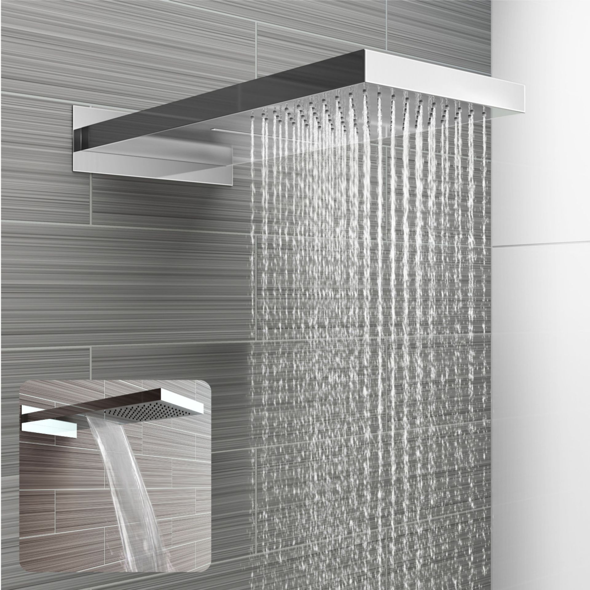(WG329) Stainless Steel 230x500mm Waterfall Shower Head. RRP £374.98. Dual function waterfall and