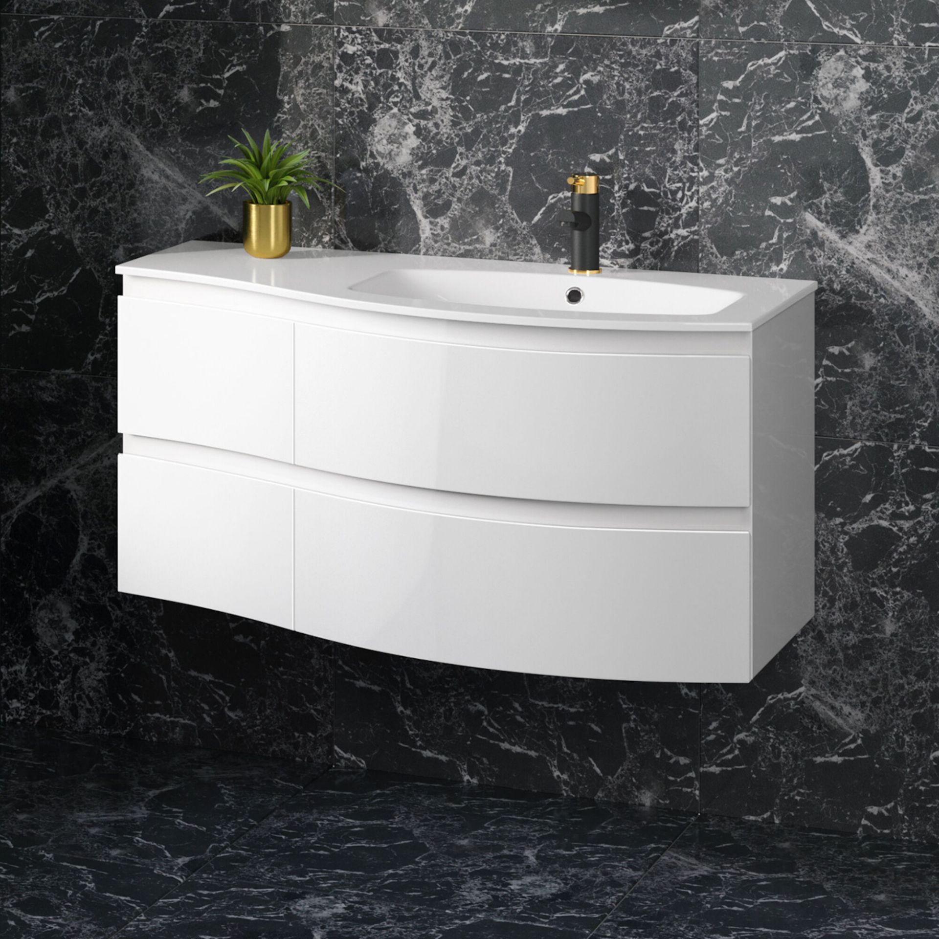 (SA5) 1040mm Amelie High Gloss White Curved Vanity Unit - Right Hand - Wall Hung. This premium