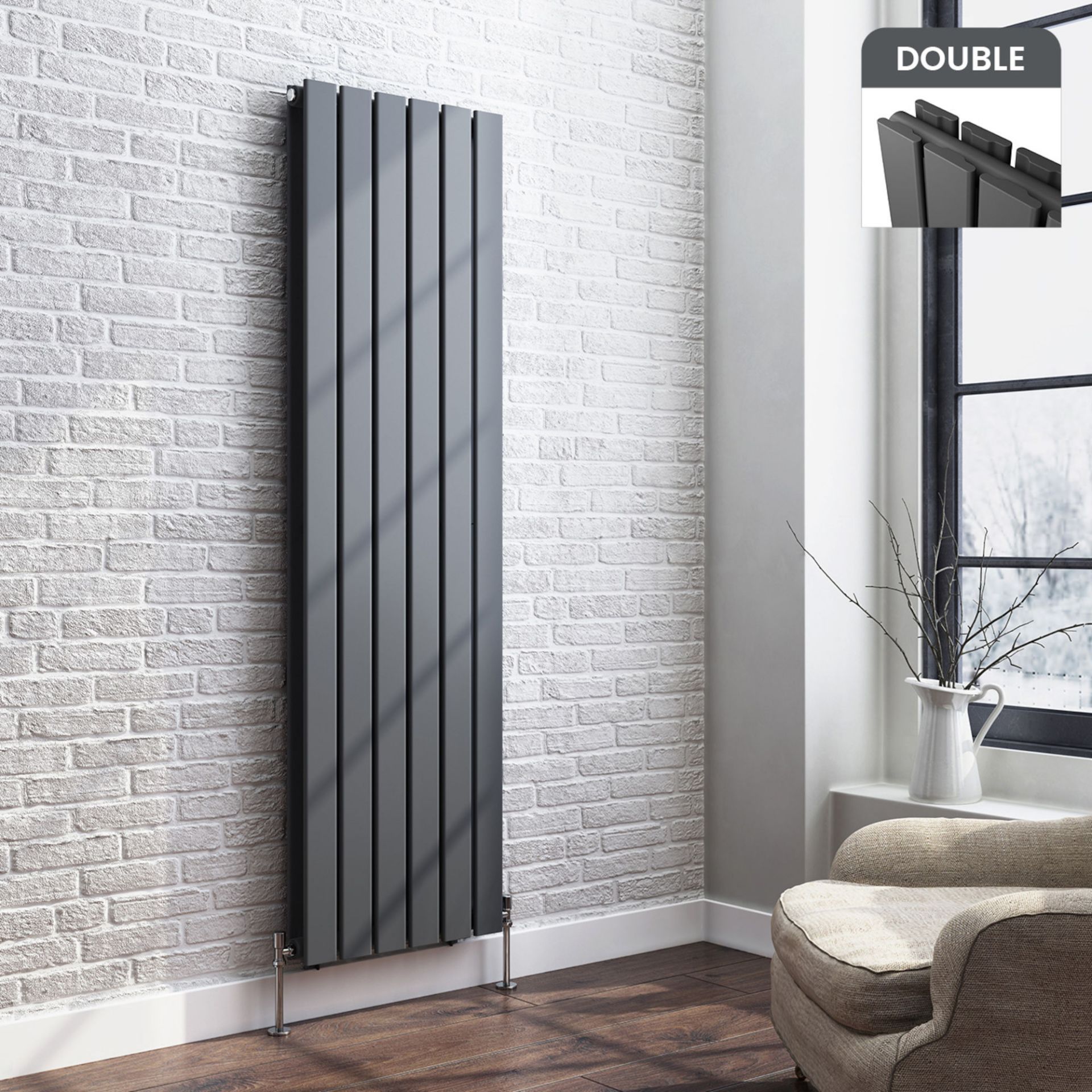 1600x480mm Anthracite Double Flat Panel Vertical Radiator. RRP £458.99. Made with low carbon steel