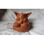 Terracotta coil pot cat head. Initials A B on the reverse. Height 8 ½’ x 7’