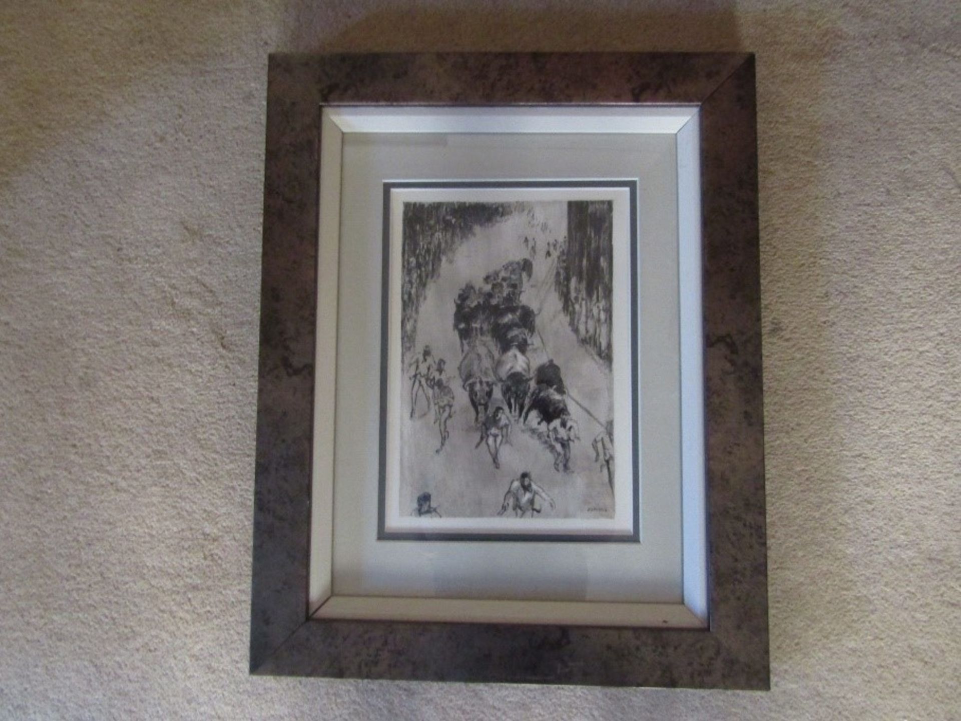 E Spinosa, mixed media bull run. Signed lower right. 10 ¼’ x 7’