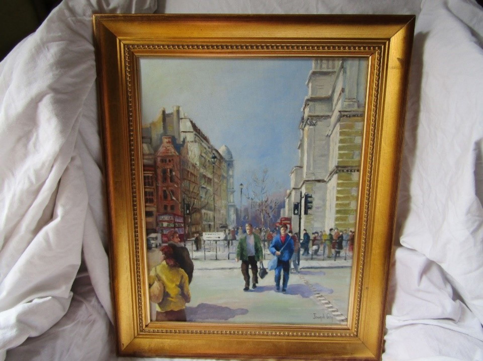 Joseph Gay, contemporary, watercolour and oils on canvas, ‘Green light at Parliament Square’