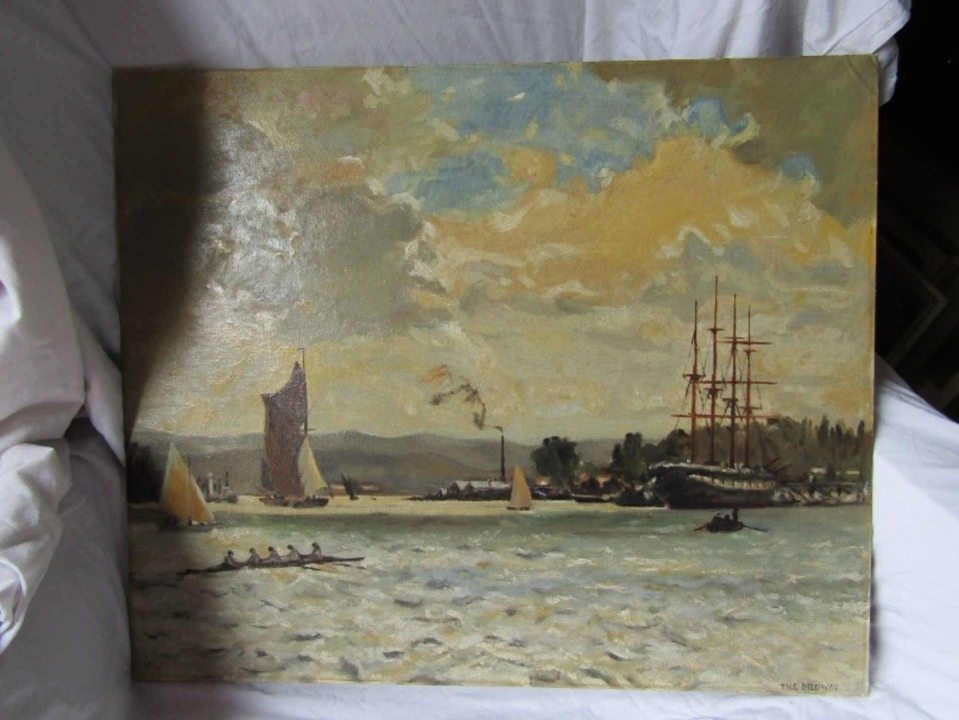 Initialed A.C.W 20th Century oil on art board, the Medway, unframed.