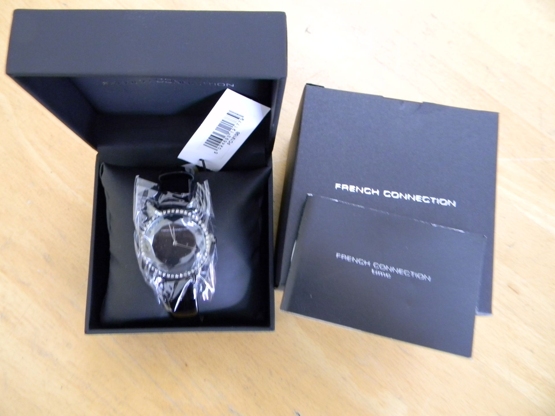 French Connection Ladies Evelyn Black Leather Strap Watch