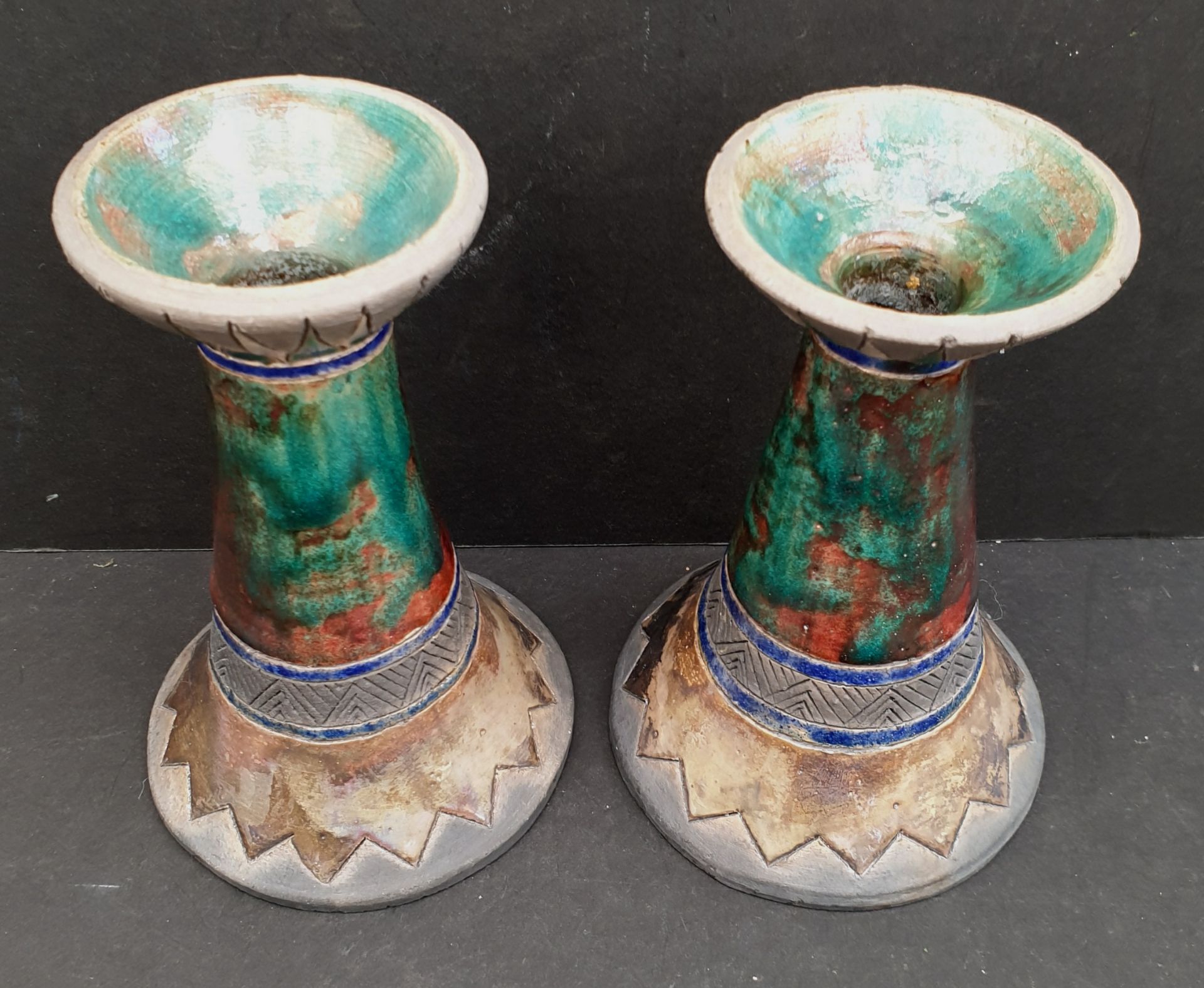 Vintage Retro Pair Stavros Pottery Candle Sticks 6 inches tall - Image 2 of 3