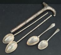 Vintage Sterling Silver Spoons and Oriental White Metal Parasol Handle