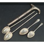 Vintage Sterling Silver Spoons and Oriental White Metal Parasol Handle