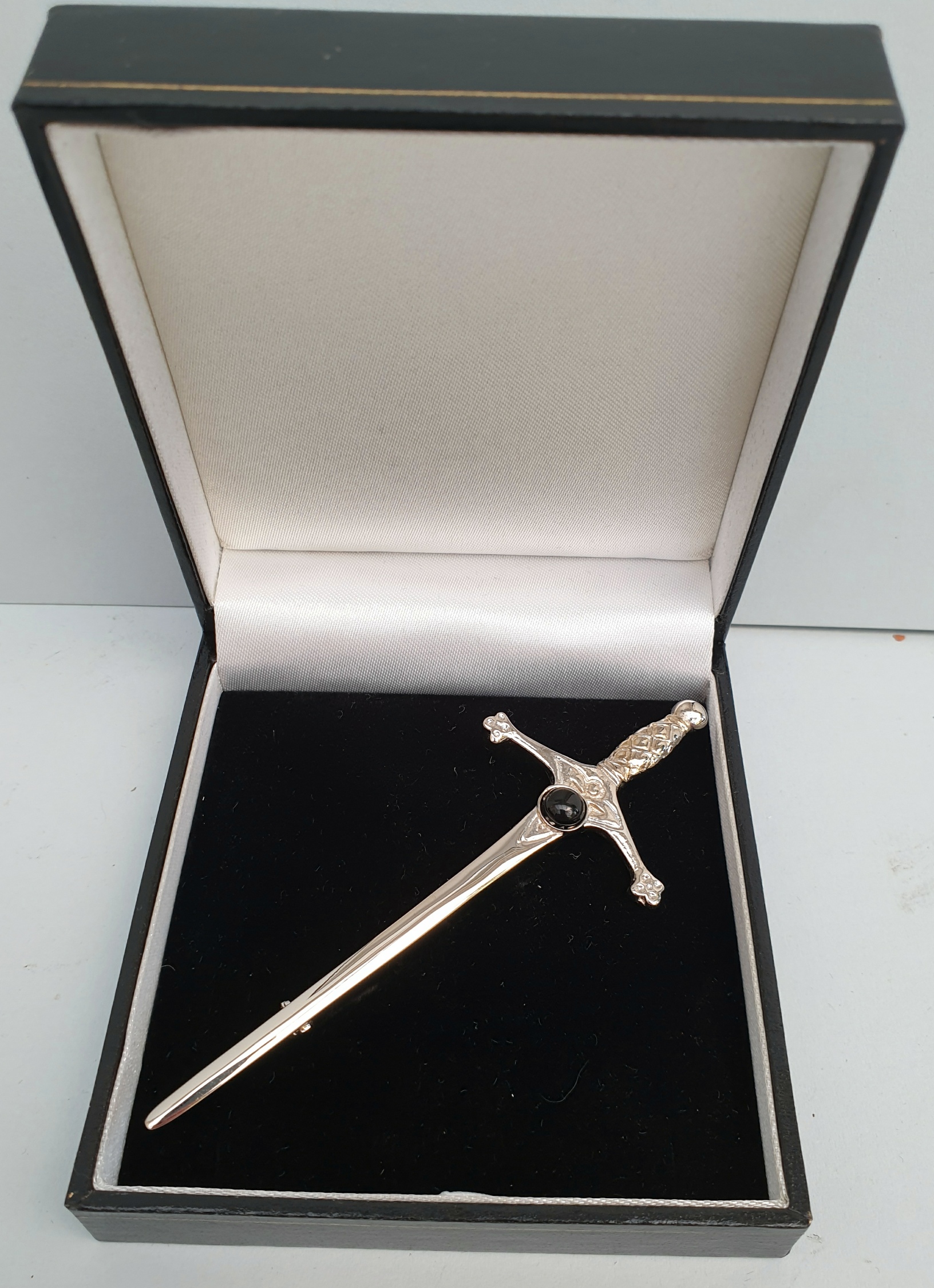 Vintage Retro Silver Coloured Metal Kilt Pin Shaped as a Sword Boxed