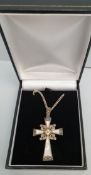 Vintage Retro Jewellery Silver Cross and Chain 1948 Inlaid Mother of Pearl and Marcasite