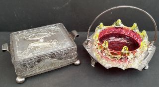 Antique 2 Electro Plated Items Bon Bon Dish With Cranberry Glass Insert and Dish With Fish Handle.