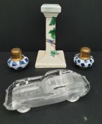 E-Type Jaguar Glass Paperweight and Shelley Candle Stick