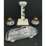 E-Type Jaguar Glass Paperweight and Shelley Candle Stick