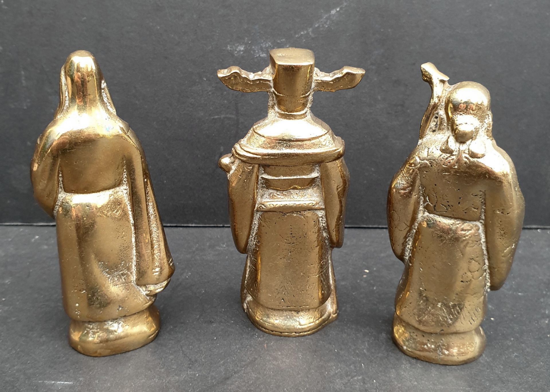 Antique Vintage Kitsch 3 Brass Oriental Chinese Figures each 4 inches tall - Image 2 of 2