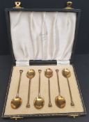 Vintage Enamelled and Silver Gilt Tea Spoons Cased Hallmarked Birmingham