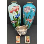 Vintage Enamelled Brass Vases A/F Cigarette Cards and EPNS Jug