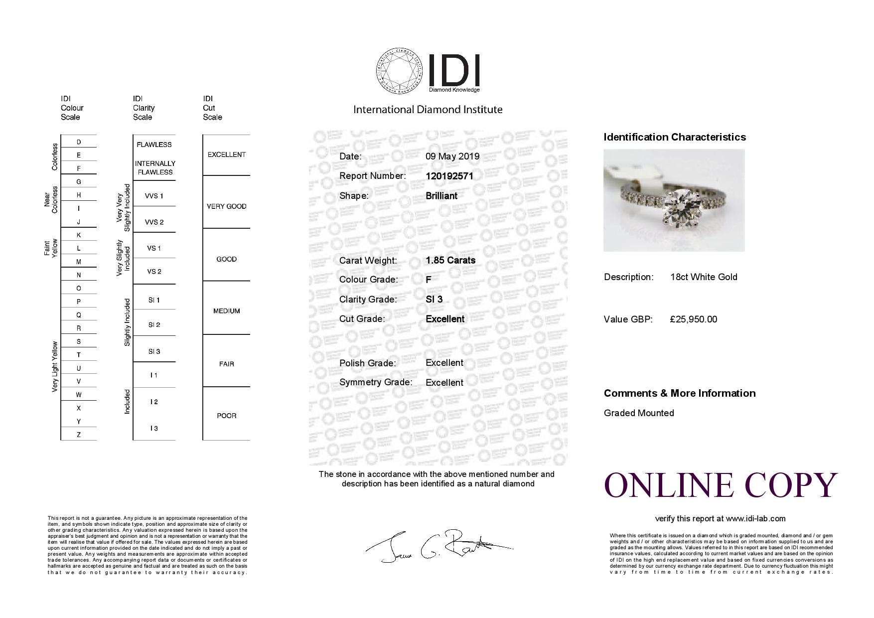 18ct White Gold Single Stone Prong Set With Stone Set Shoulders Diamond Ring 1.85 - Image 3 of 3
