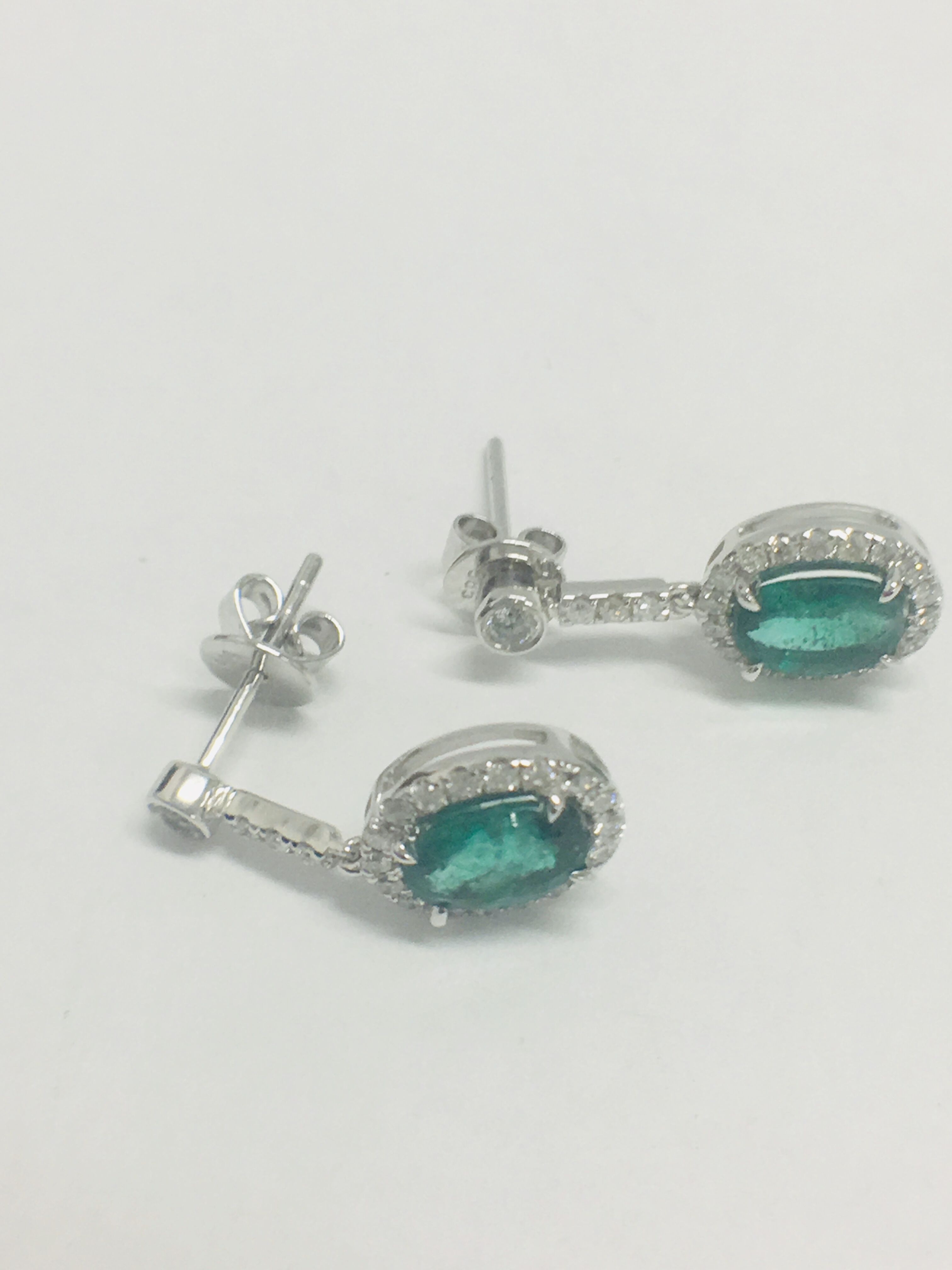 1 Pair 14Ct White Gold Emerald & Diamond Earrings. - Image 3 of 8